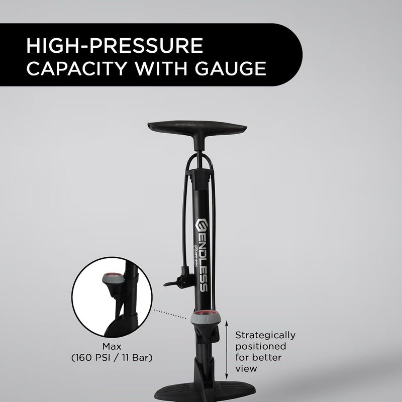 Endless EL1052 160 PSI Portable Road Bike, Bicycle Floor Hand Air Pump | Black | Material : Alloy Steel | Tire Inflator with Gauge, Rotatable Pipe Knob for Convenience | For All Inflating Purpose - Image 2