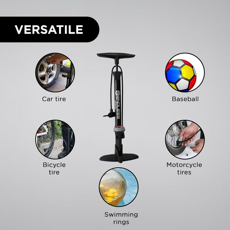 Endless EL1052 160 PSI Portable Road Bike, Bicycle Floor Hand Air Pump | Black | Material : Alloy Steel | Tire Inflator with Gauge, Rotatable Pipe Knob for Convenience | For All Inflating Purpose - Image 4