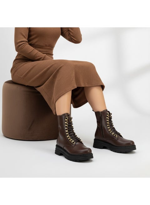 جزمة كاحل من الجلد  بحبل E-101 - بني