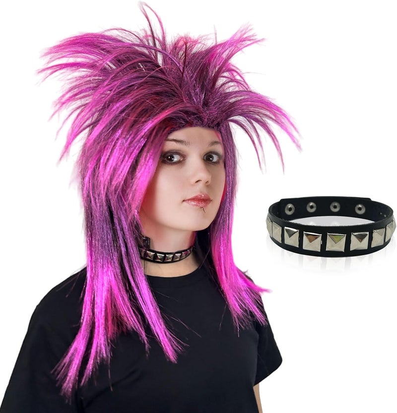 80s Pink Rock Diva Choker Long Mullet Wig Adult Punk Disco Costume Fancy Dress Party Carnival Halloween Cosplay