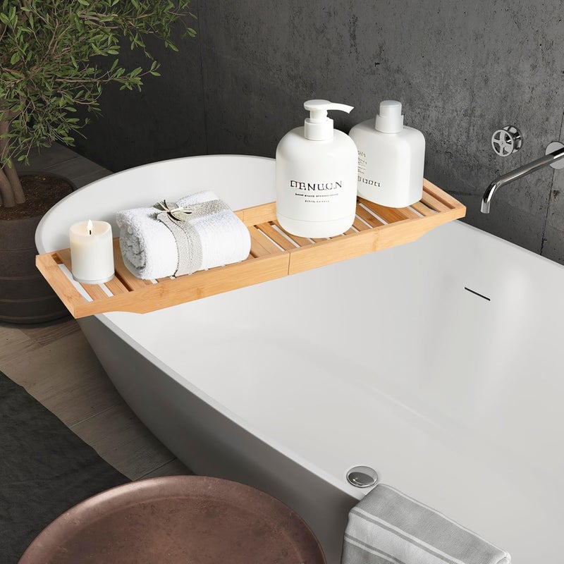 Vencier Foldable Bamboo Bath Tub Rack – Adjustable Bathroom Shelf, Tidy Tray & Storage Caddy Organiser for Relaxing Spa Bath (Natural) - Image 1