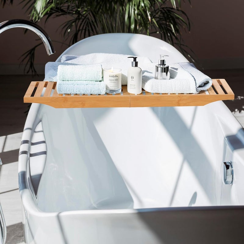 Vencier Foldable Bamboo Bath Tub Rack – Adjustable Bathroom Shelf, Tidy Tray & Storage Caddy Organiser for Relaxing Spa Bath (Natural) - Image 2
