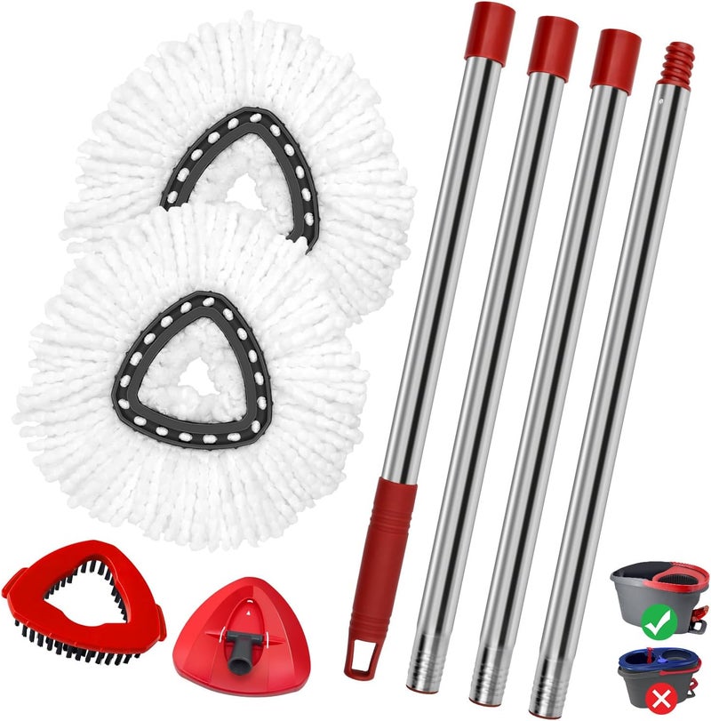 GFRED Spin Mop Handle Mop Heads Mop Base Mop Scruby Brush Replacement Sets Combo Compatible with Ocedar EasyWring 1 Tank Spin Mop System (1 Sets Stainless Steel Mop Handle +2 White Heads +1 Base +1 Brush) - Image 1
