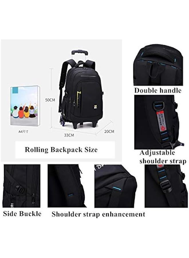 Black Kids Boys Rolling Backpack Teens Carry-on Luggage with Wheels Trolly BookBag for School-6 Wheels - Image 4