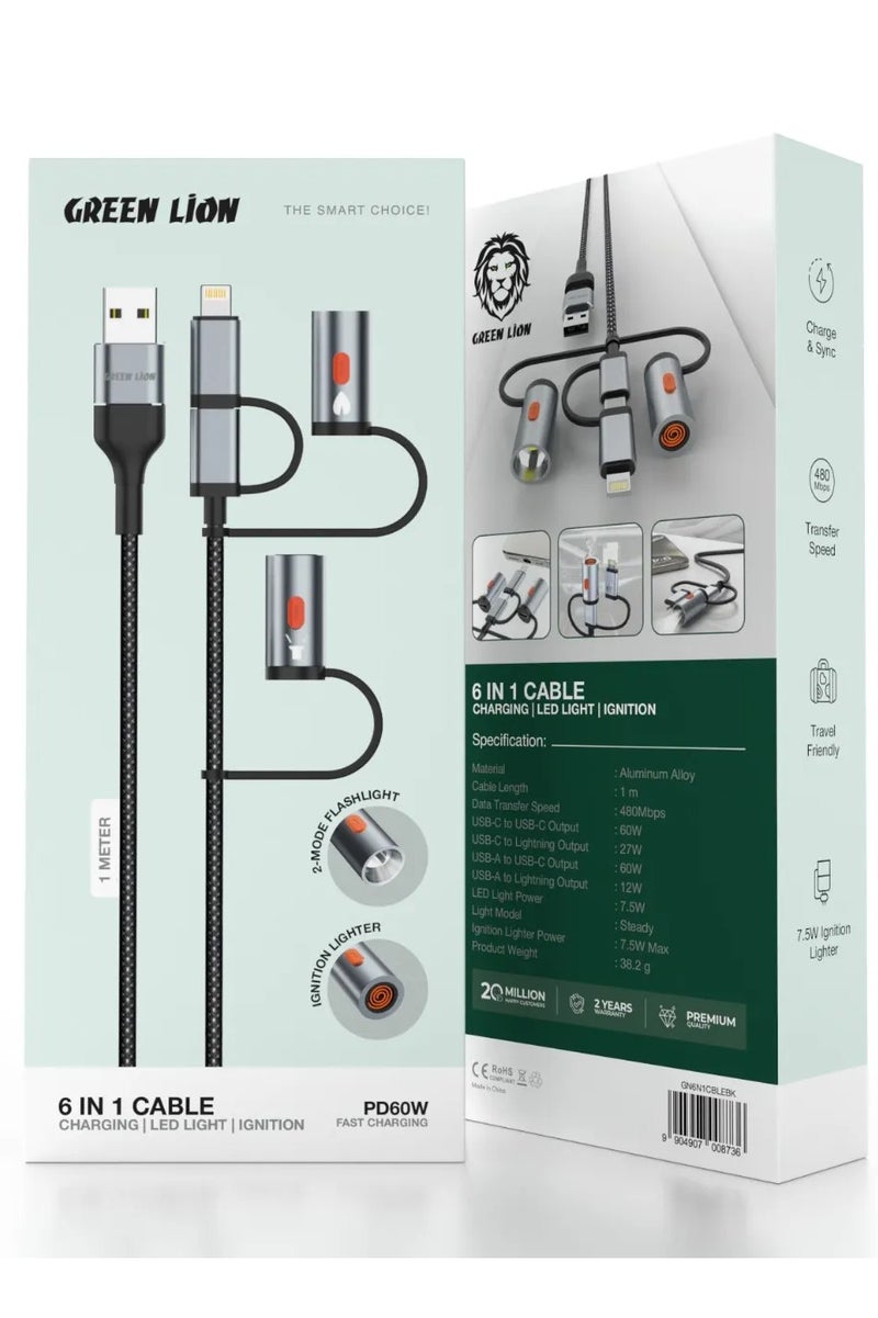 GREEN LION 6 in1 Cable Charging with Led Light & Charge & Sync / Travel Friendly / Light Model: Steady / Cable Length: 1m / Material: Aluminum Alloy - Black - Image 3
