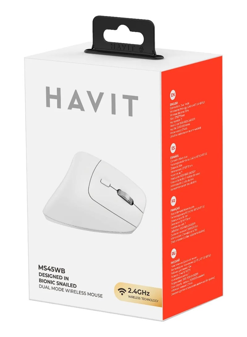 هافيت Havit MS45WB Vertical Wireless Mouse, Bluetooth 5.0, 7 Buttons, 2400 DPI, Dual Mode, White - Image 3