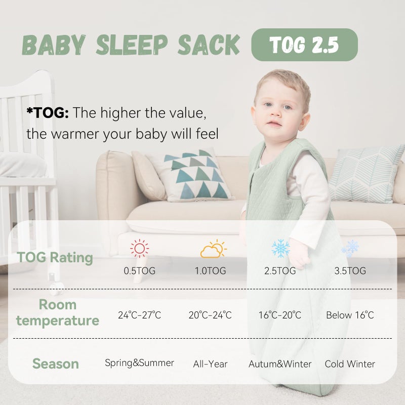 YOOFOSS Yoofoss Baby Winter Sleeping Bag, 100% Cotton, 2.5 Tog Warm Baby Winter Sleeping Bag, Soft Baby Sleeping Bag, Newborn in 6-12 Months, Perfect for Winter, Green - Image 2