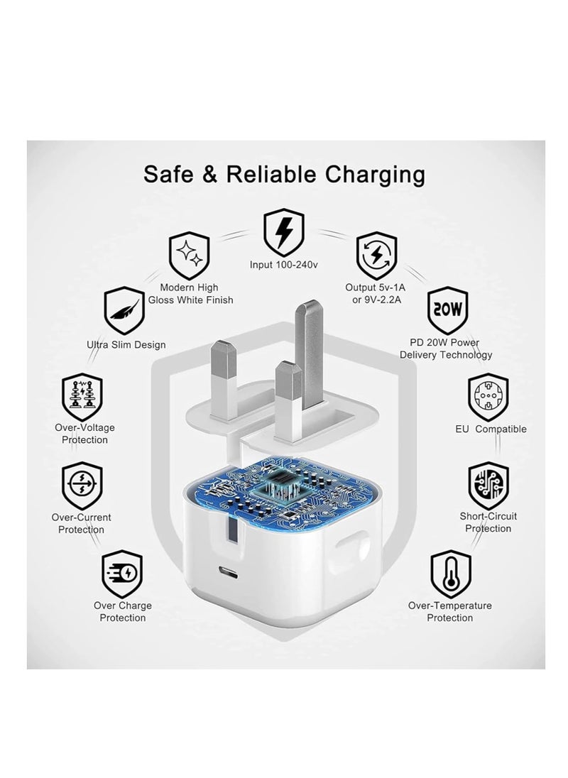 Generic - USB C Plug, 20W PD Fast Charger Type C Plug ，USB C Power Adapter Compatible for iPhone 15/14/13/12/11 Series/SE 2022 /XR/XS/X/8/iPad，Fast Charger Type C Charging Adapter Charge Plug USB C Plug- White - Image 1