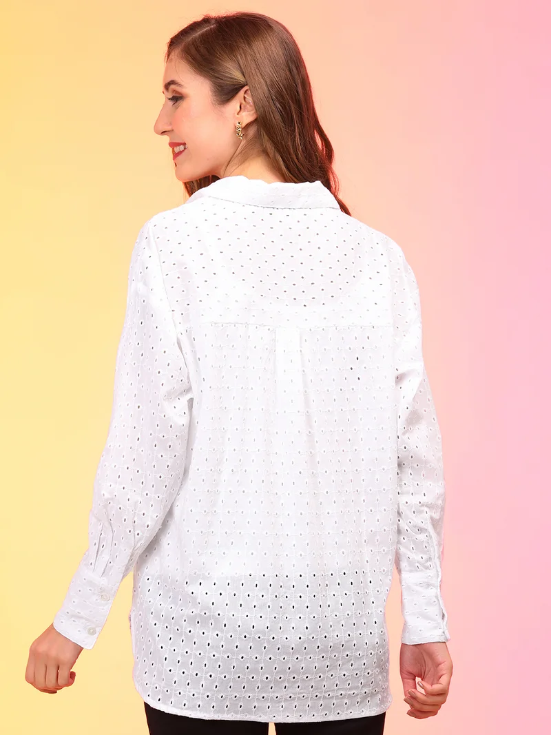 globus Women Self Design Shirt Collar Cotton Schiffli Shirt Style Top