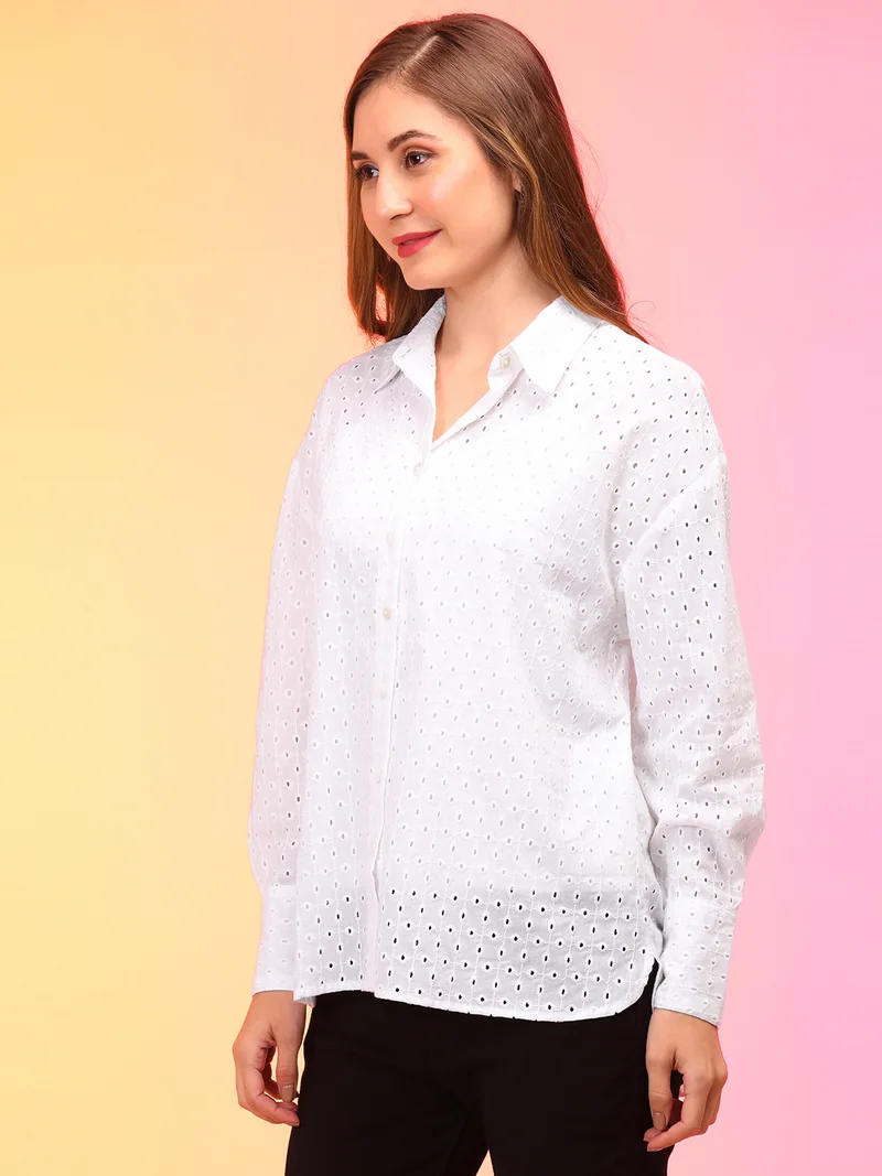 globus Women Self Design Shirt Collar Cotton Schiffli Shirt Style Top