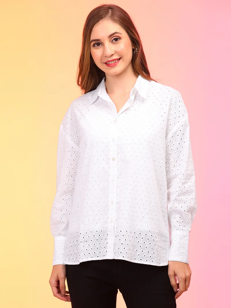 globus Women Self Design Shirt Collar Cotton Schiffli Shirt Style Top