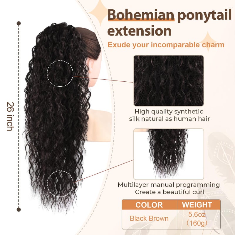 Flufymooz Ponytail Extension, 26 Inch Bohemian Style Drawstring Ponytail Hair Extensions for Women, Long Curly Wavy Ponytail Natural Synthetic Hairpiece for Women (26 Inch Black Brown) - Image 2