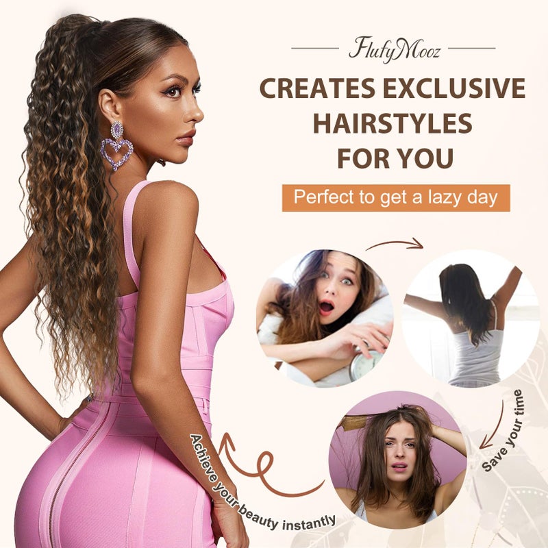 Flufymooz Ponytail Extension, 26 Inch Bohemian Style Drawstring Ponytail Hair Extensions for Women, Long Curly Wavy Ponytail Natural Synthetic Hairpiece for Women (26 Inch Black Brown) - Image 4