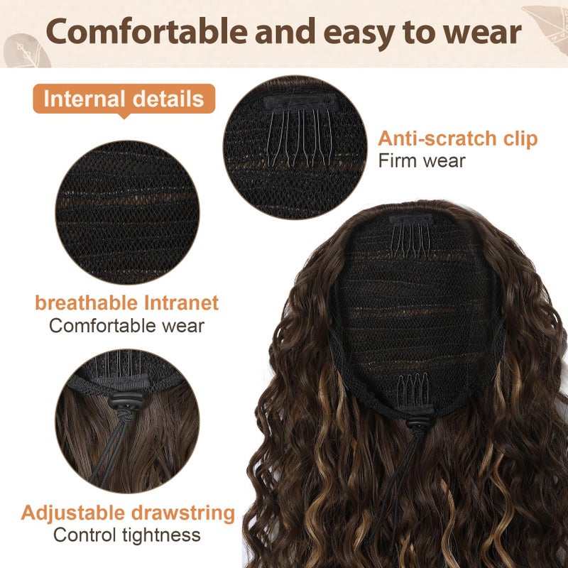 Flufymooz Ponytail Extension, 26 Inch Bohemian Style Drawstring Ponytail Hair Extensions for Women, Long Curly Wavy Ponytail Natural Synthetic Hairpiece for Women (26 Inch Black Brown) - Image 3