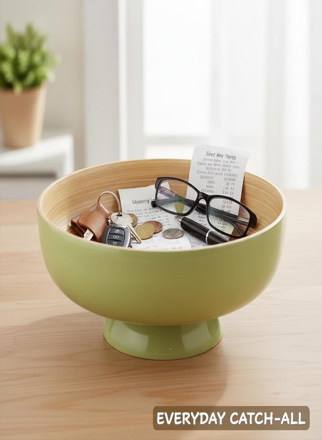 PEMAR 10" Lacquer Bamboo Fruit Bowl for Kitchen Counter, Handmade Large Decorative Pedestal Bowl for Entryway Table Home Decor, Key Bread Candy Snacks Organizer (Matcha Latte) - Image 3