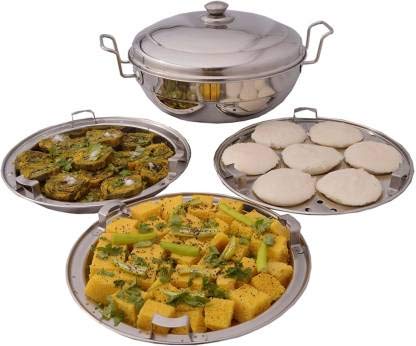 Sophronia Sophronia Heavy Stainless Steel Idli Cooker Multi Kadai Steamer Thick Base All-in-One Big Size with 5 Plate 2 idli 2 Dhokla 1 Patra Induction Gas top Compatible Sandwich Bottom Kadai with Lid (Silver)  - Image 3