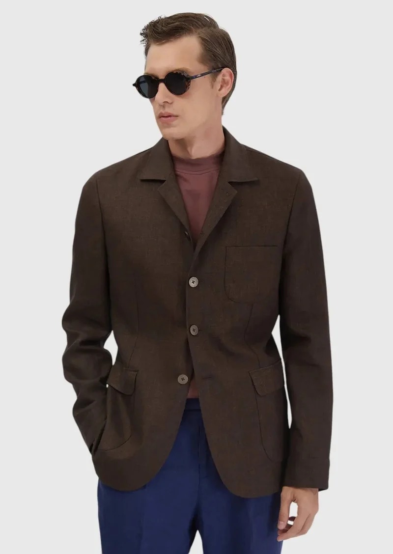 RAMSEY Brown Plain Shirt Shoulder Slim Fit 100% Linen Jacket