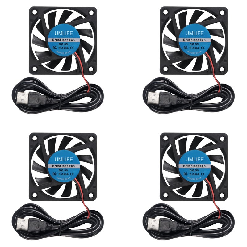 UMLIFE 60mm Fan, 4-Pack 5Volt 0.18A USB 60x60x10mm 6010 Brushless DC Computer CPU Heat Sink Cooling Cooler Fan 60mm x 10mm - Image 1
