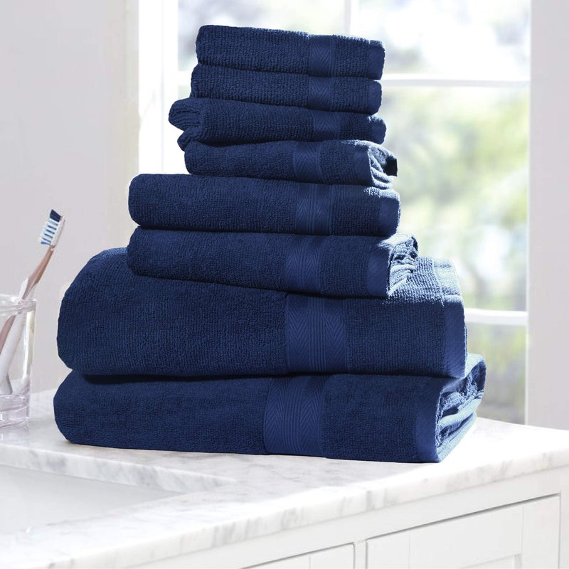 BOUTIQUO Navy Blue Towel Set - 8 Piece Bathroom Towel Set - 100% Ring Spun Cotton, 2 Bath Towel 27x54, 2 Hand Towel 16x28, 4 Washcloth 13x13 - Ultra Soft Highly Absorbent - Image 5
