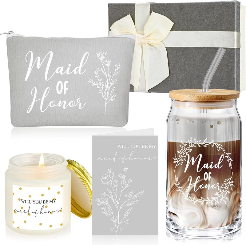 Inbagi Inbagi Maid of Honor Gifts Box Set of 5 Includes Glass Cup with Lid and Straw Makeup Bag Sage Scented Candle Wedding Invitation Cards Proposal Gifts for Bridal Party Favors (Gray)