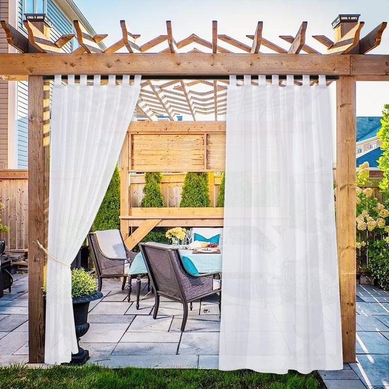 NICETOWN NICETOWN 2 Panels Outdoor Patio Curtains Waterproof Detachable Sticky Tab Top Indoor Outdoor Sheer Voile Drapes Airy  Elgant Easy Haning for Pergola W54 x L96 White