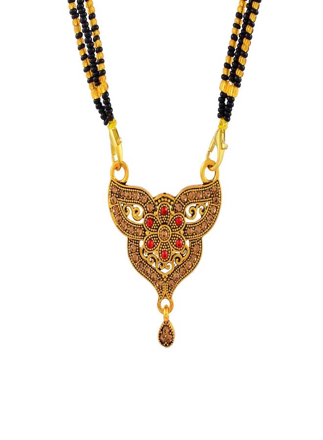 morir Antique Gold-Finish Floral Stone Mangalsutra Pendant Ornate Filigree Red Accents - Image 1