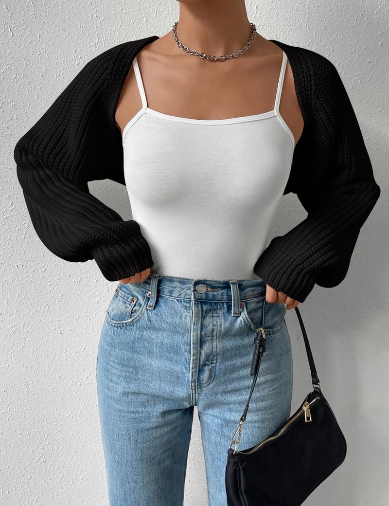 SECRETEYARD Women's Long Sleeve Open Front Knitted Crop Cardigan Drop Shoulder Knit Bolero Shrug Sweater Black - Image 4