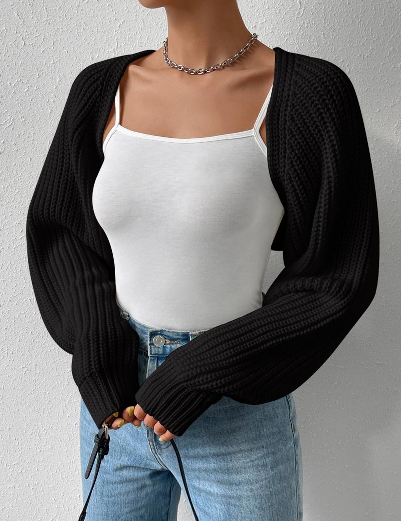 SECRETEYARD Women's Long Sleeve Open Front Knitted Crop Cardigan Drop Shoulder Knit Bolero Shrug Sweater Black - Image 2