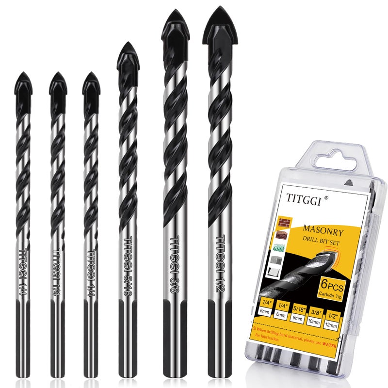 TITGGI Concrete Drill Bit & Masonry Drill Bit Set, Professional Drill Bit Set (6PCS) for Glass/Brick/Plastic/Cement/Wood/Tile/Etc, Industrial Strength Carbide Drill Bit Tip, 1/4"-1/2" by TITGGI - Image 1