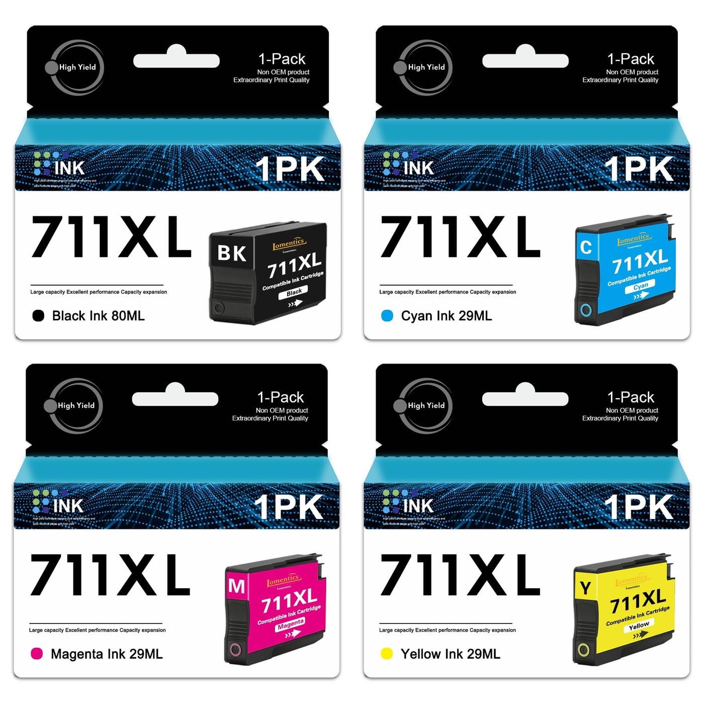 711XL Ink Cartridge Bundle 4Pack 80ml Black 29ml CyanYellowMagenta LOMENTI Compatible 711XL 711 Ink Cartridges Replacement for HP DesignJet T100 T120 T125 T520 Printer
