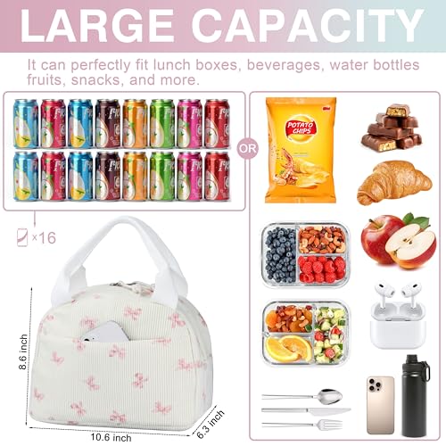 TESAFNG Lunch Bag Insulated Lunch Box for Women Reusable Large Capacity Cooler Bag for Adult Small Leakproof Cute Corduroy Lunch Tote for Work Office Travel Picnic Pink Bow - Image 3