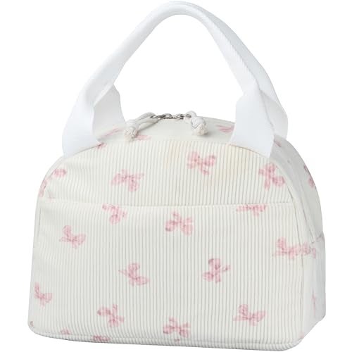 TESAFNG Lunch Bag Insulated Lunch Box for Women Reusable Large Capacity Cooler Bag for Adult Small Leakproof Cute Corduroy Lunch Tote for Work Office Travel Picnic Pink Bow - Image 1