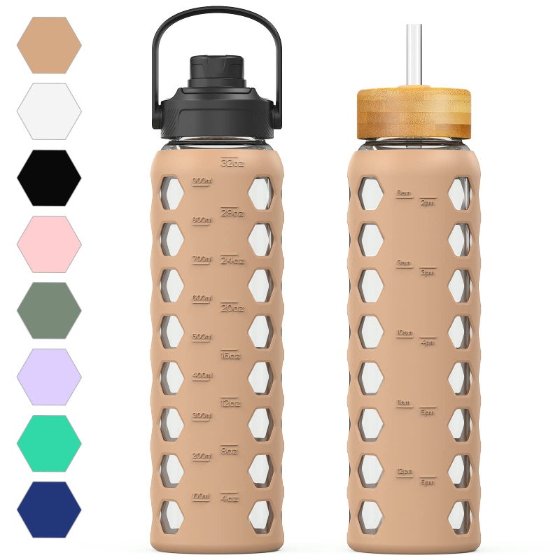 MUKOKO MUKOKO 32oz Glass Water Bottles with 2 LidsHandle Spout LidBamboo Straw Lid Motivational Water Tumbler with Time Marker Reminder and Silicone Sleeve LeakproofAmber1 Pack 