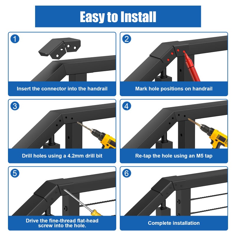 BLIKA Handrail Connectors, Black Powder Coated Aluminum Horizontal to Stair Upper Sleeve for Deck Stair Cable Railing Rectangular Handrail, Stair Connectors for Hand Rail - Image 4