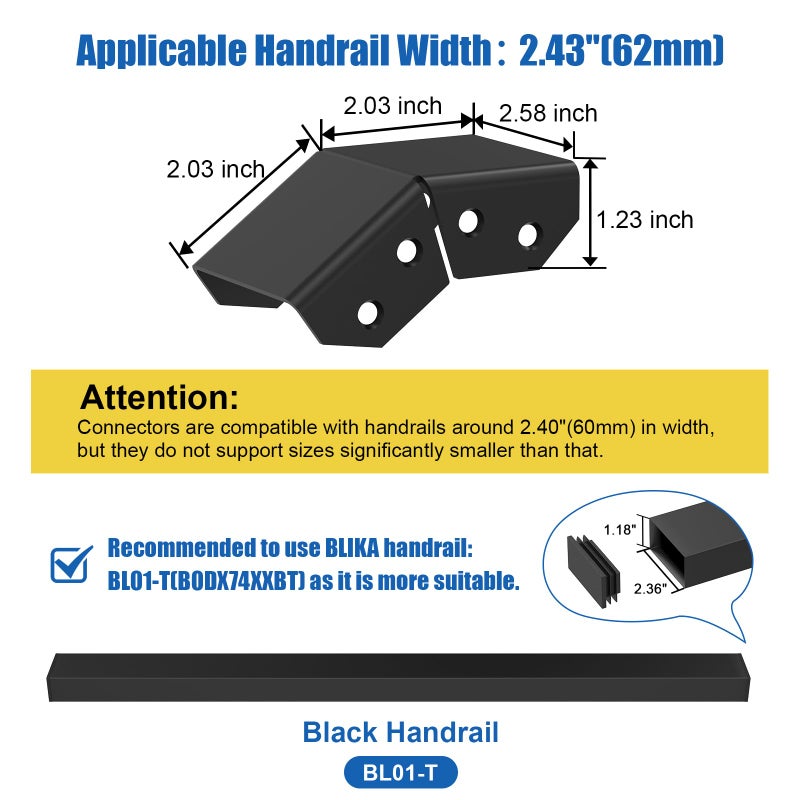 BLIKA Handrail Connectors, Black Powder Coated Aluminum Horizontal to Stair Upper Sleeve for Deck Stair Cable Railing Rectangular Handrail, Stair Connectors for Hand Rail - Image 3