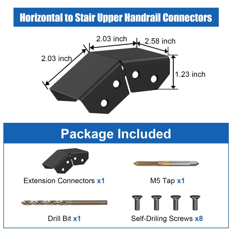 BLIKA Handrail Connectors, Black Powder Coated Aluminum Horizontal to Stair Upper Sleeve for Deck Stair Cable Railing Rectangular Handrail, Stair Connectors for Hand Rail - Image 2
