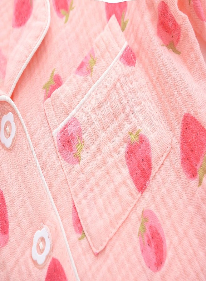 ACESTAR طقم بيجاما للأطفال من ACESTAR للبنات، بيجاما نوم بأكمام طويلة 100% قطن 2 قطعة للأطفال - ملابس مريحة بأزرار (فراولة وردية، 4T) - Image 3