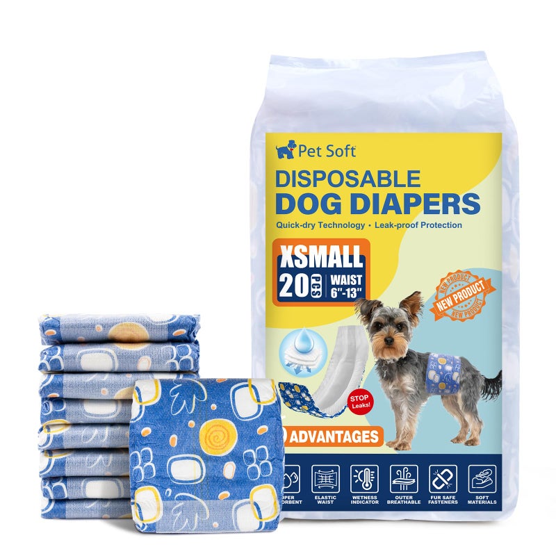 Pet Soft Male Dog Diapers - Disposable Male Dog Wraps with Wetness Indicator, Puppy Diapers for Pets Excitable Urination or Incontinence, 20pcs XSmall - Image 1