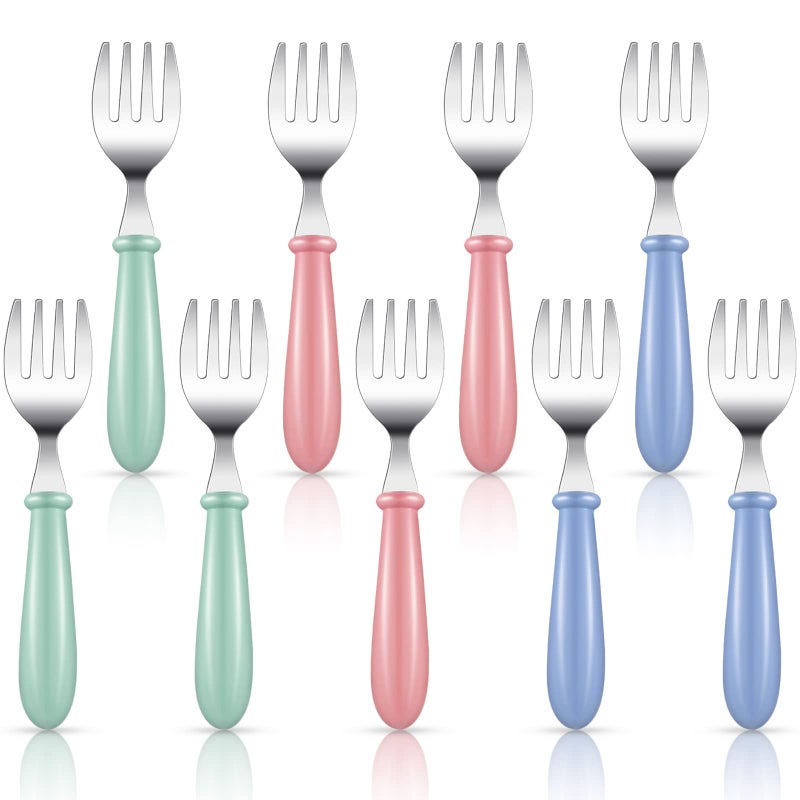 Chumia 9 Pieces Stainless Steel Toddler Forks Baby Kids Forks for Self Feeding Metal Flatware Boys Girls Small Training Cutlery for Children Cutlery with Round Handle Safe Flatware
