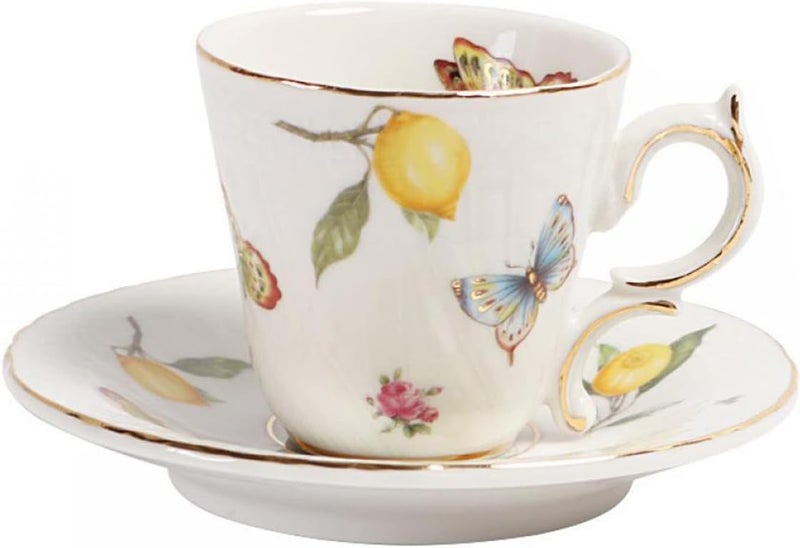 Sizikato Porcelain Cup and Saucer Set with Gold Trim 3 Oz Mini Teacup Espresso Cup Lemon and Butterfly Pattern - Image 1