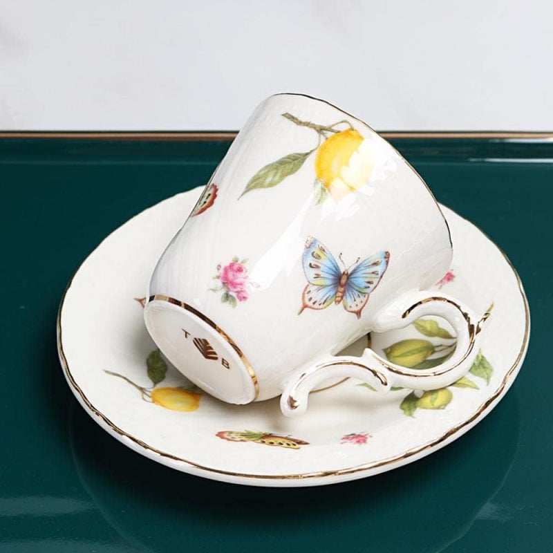 Sizikato Porcelain Cup and Saucer Set with Gold Trim 3 Oz Mini Teacup Espresso Cup Lemon and Butterfly Pattern - Image 2