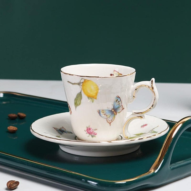 Sizikato Porcelain Cup and Saucer Set with Gold Trim 3 Oz Mini Teacup Espresso Cup Lemon and Butterfly Pattern - Image 4
