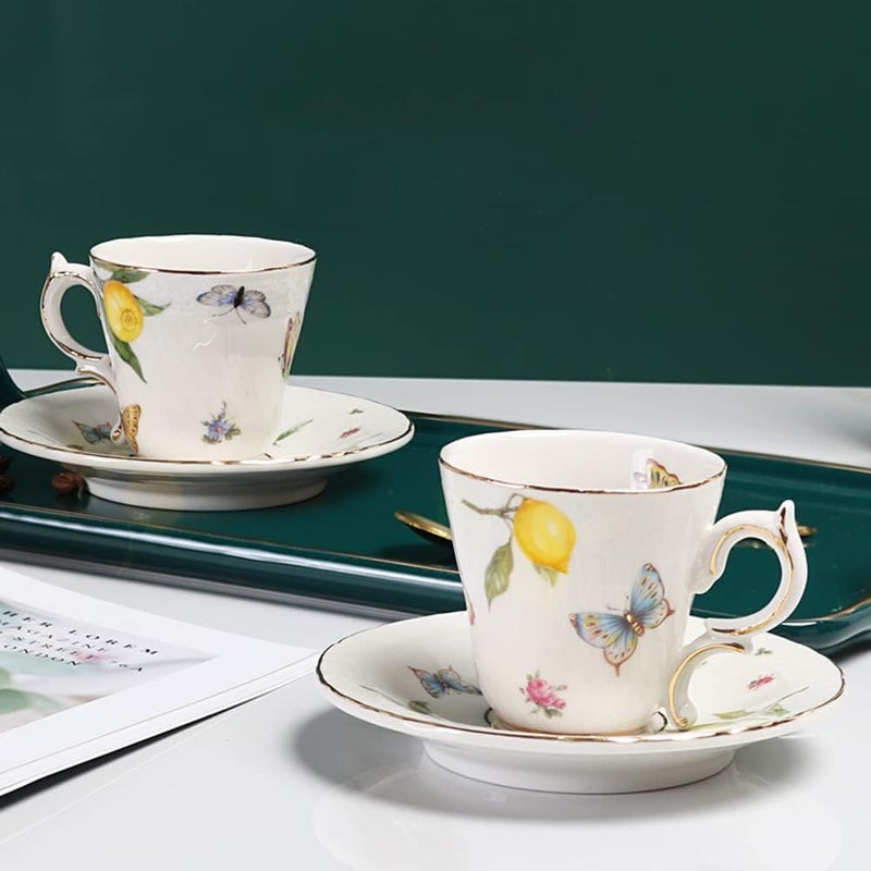 Sizikato Porcelain Cup and Saucer Set with Gold Trim 3 Oz Mini Teacup Espresso Cup Lemon and Butterfly Pattern - Image 5