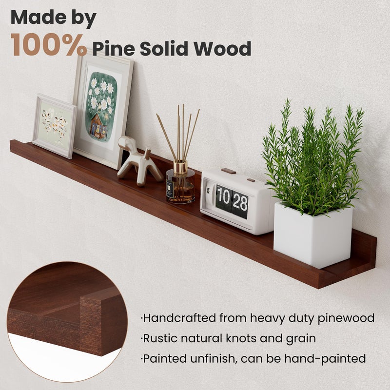 Acovy Floating Shelves for Wall, 36 inch Solid Wood Picture Ledge Shelf, Picture Shelf for Wall with Ledge, Floating Book Shelves for Living Room Bedroom Kitchen Nursery Decor, Walnut, Set of 2 - Image 2