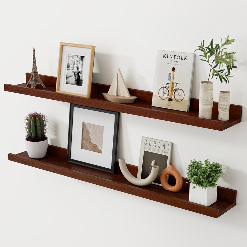 Acovy Floating Shelves for Wall, 36 inch Solid Wood Picture Ledge Shelf, Picture Shelf for Wall with Ledge, Floating Book Shelves for Living Room Bedroom Kitchen Nursery Decor, Walnut, Set of 2 - Image 1