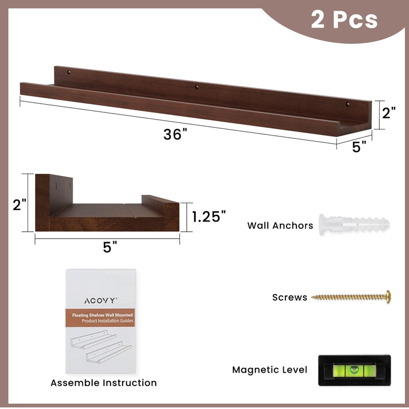 Acovy Floating Shelves for Wall, 36 inch Solid Wood Picture Ledge Shelf, Picture Shelf for Wall with Ledge, Floating Book Shelves for Living Room Bedroom Kitchen Nursery Decor, Walnut, Set of 2 - Image 3