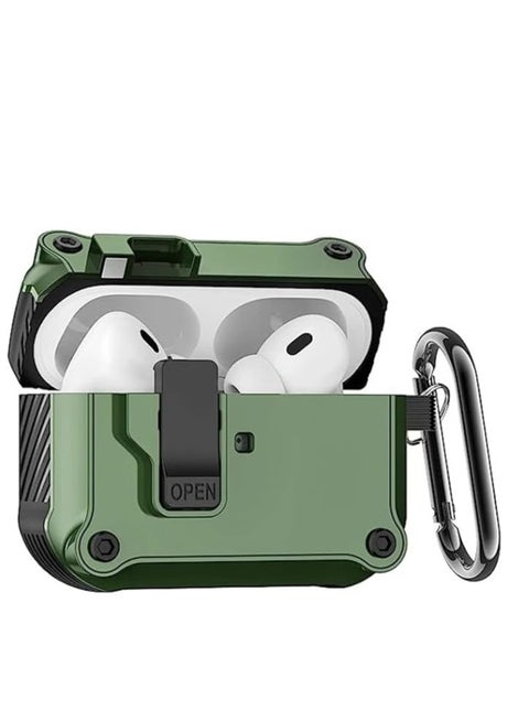 Rugged Case with Latch, Compatible with AirPods 4th Generation 2024, Full Body Shockproof Cover Auto Open Chain with Lock Clip, Strong Drop Protection, Switch Lock-(Army Green)