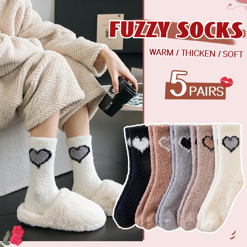 SeeyAN Womens Fuzzy Socks Fluffy Warm Slipper Winter Comfy Thermal Cozy Plush Sleep Home Cabin Socks (5 Pairs Heart) - Image 2