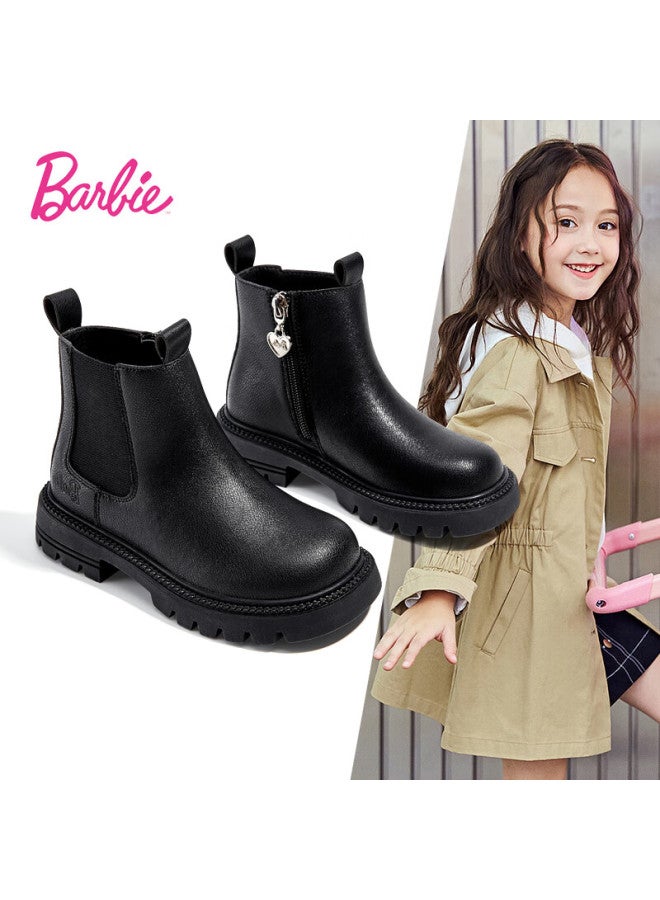 Barbie أحذية باربي للأطفال، أحذية قصيرة للفتيات، أحذية مارتن مفردة بطبقة داخلية، أحذية جلدية للفتيات، أحذية جلدية تشيلسي Da6566، سوداء، مقاس 30 - Image 1