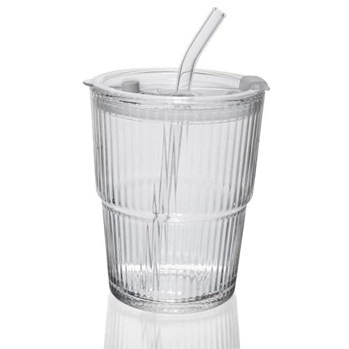 QWEZXO 13OZ400ML Ice Coffee Glass Tumbler Thick Wall Water Glass Cup Mug Tea with Straw and Lid Sealed Carry On Clear - Image 1